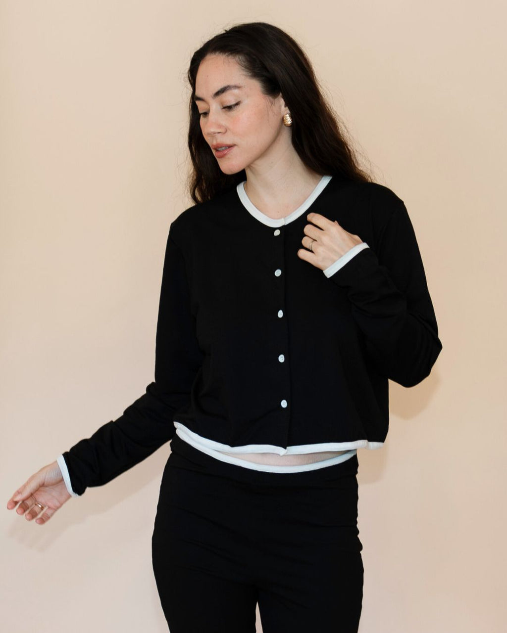 SoftKnit Mother of Pearl Button Cardigan - Jet Contrast