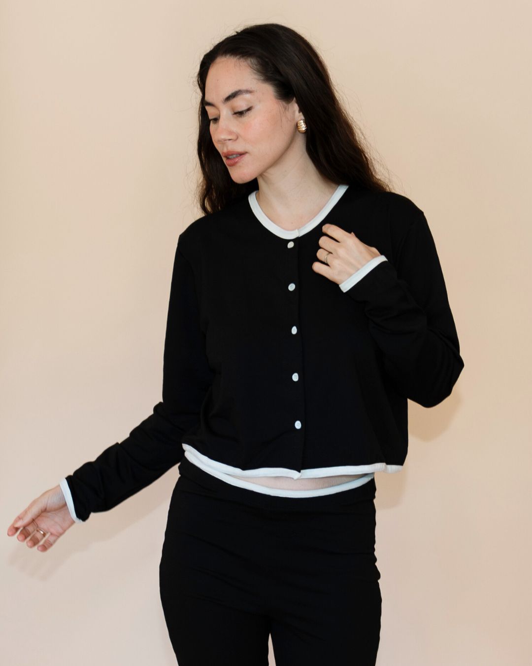 SoftKnit Mother of Pearl Button Cardigan - Jet Contrast