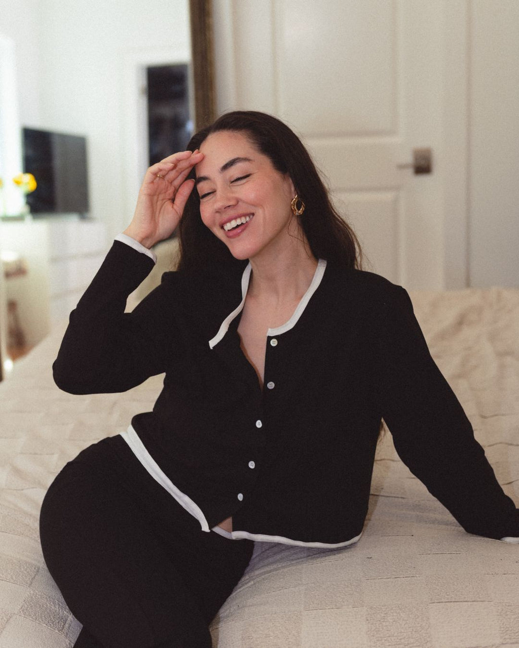 SoftKnit Mother of Pearl Button Cardigan - Jet Contrast