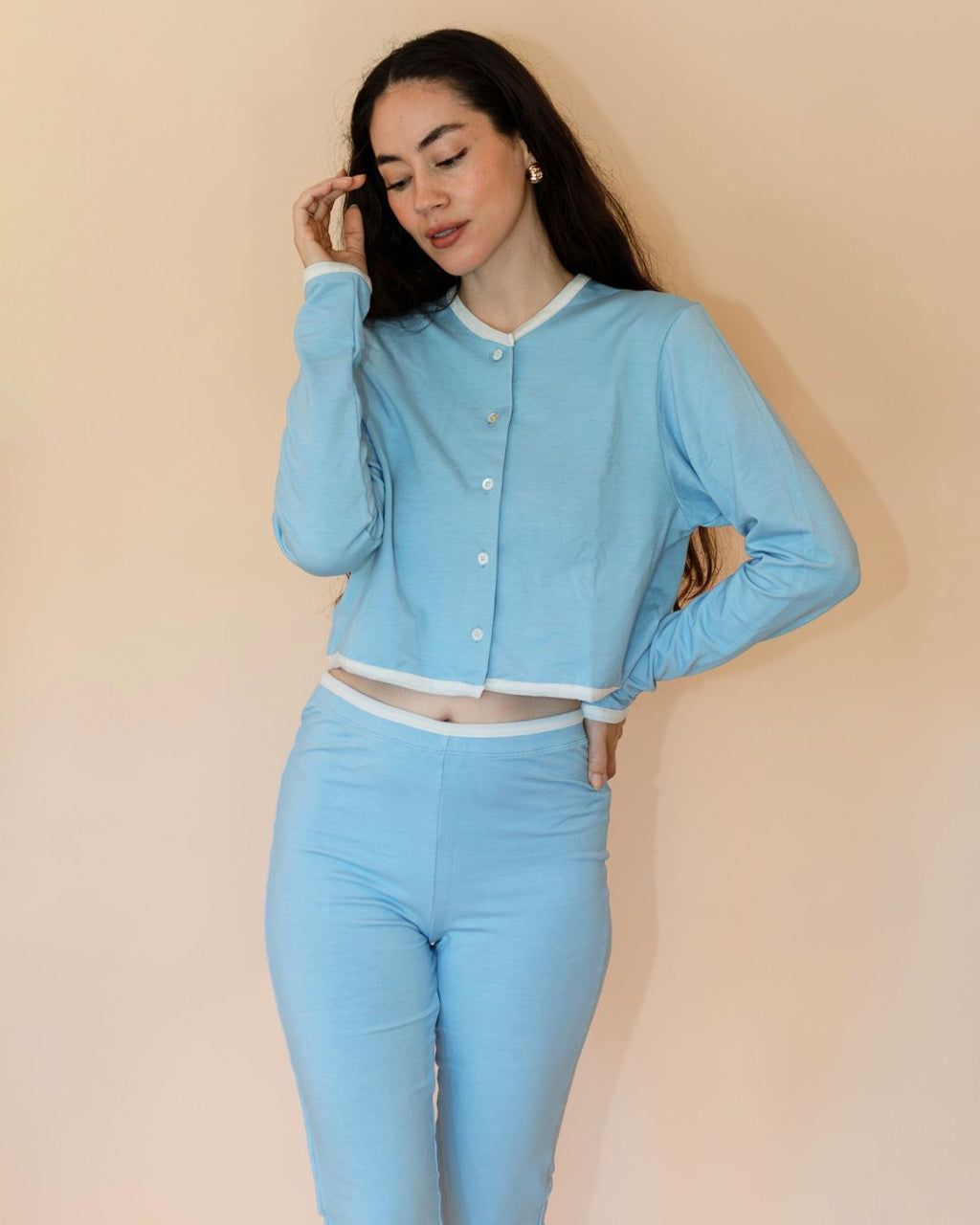 SoftKnit Mother of Pearl Button Cardigan - Cloud Contrast