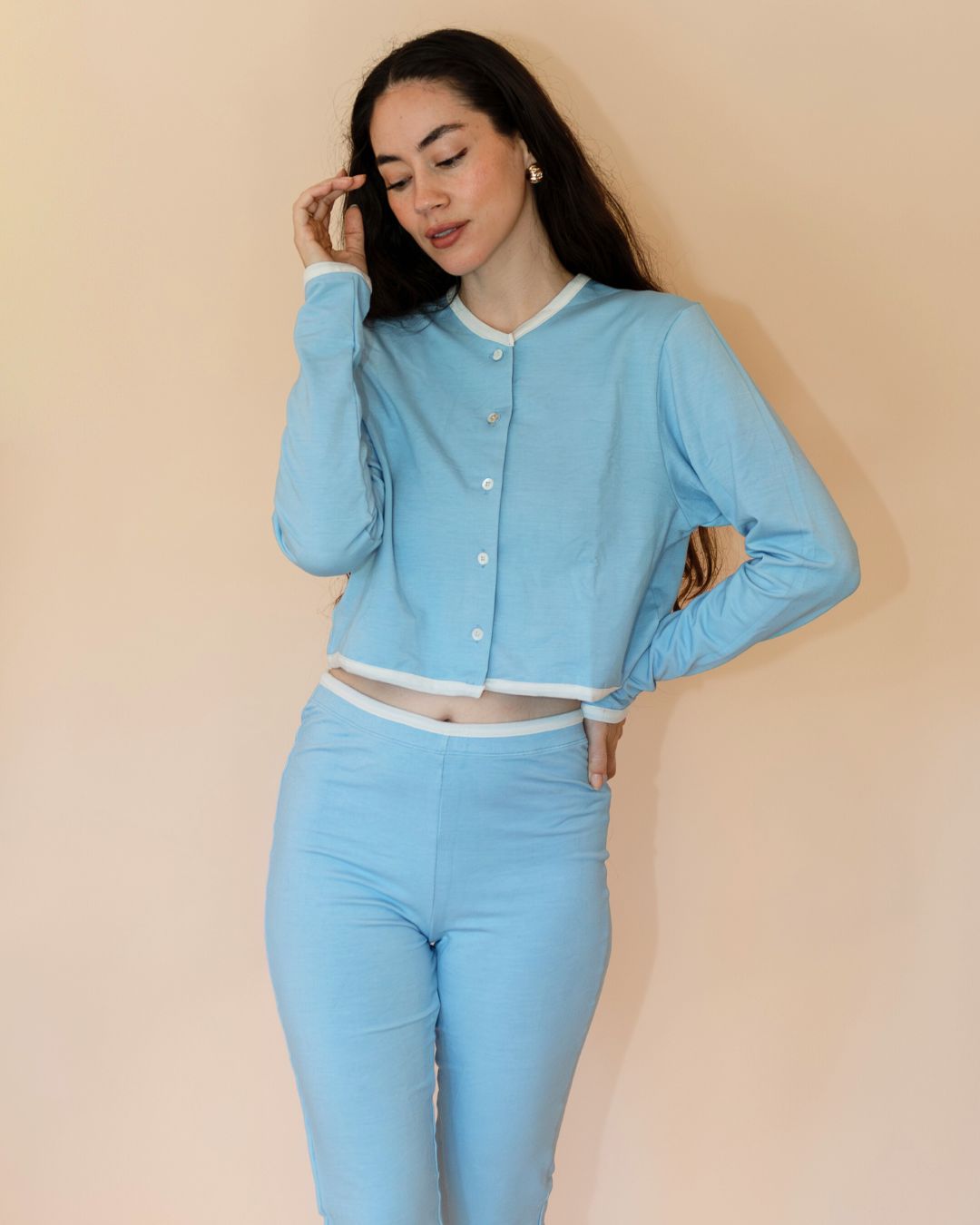 SoftKnit Mother of Pearl Button Cardigan - Cloud Contrast